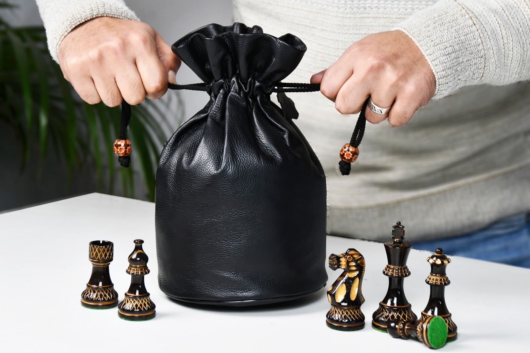 Genuine Leather Chess Set Storage Pouch for 3