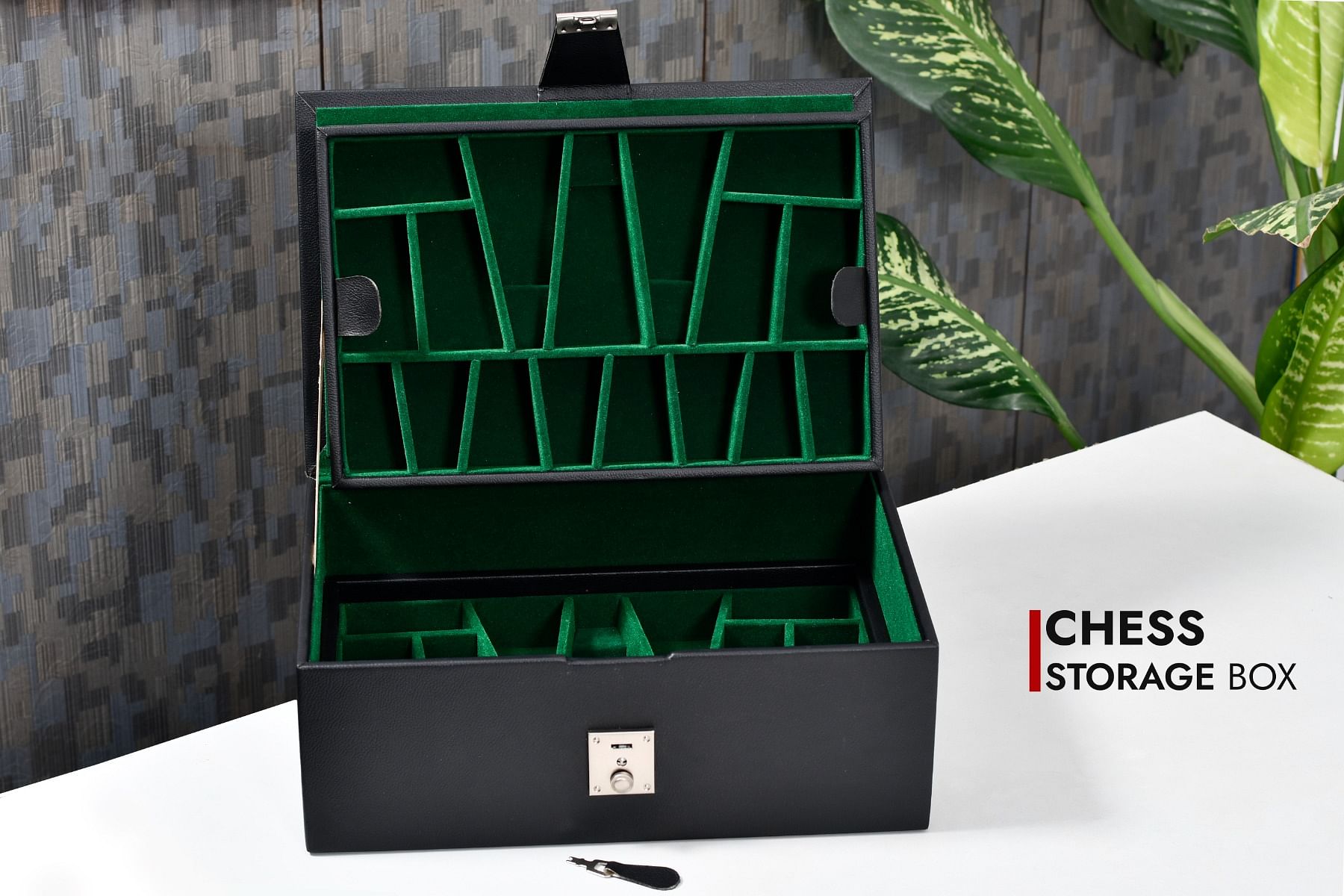 Leatherette Chess Set Storage Box with Double Tray Fixed Slots for 4