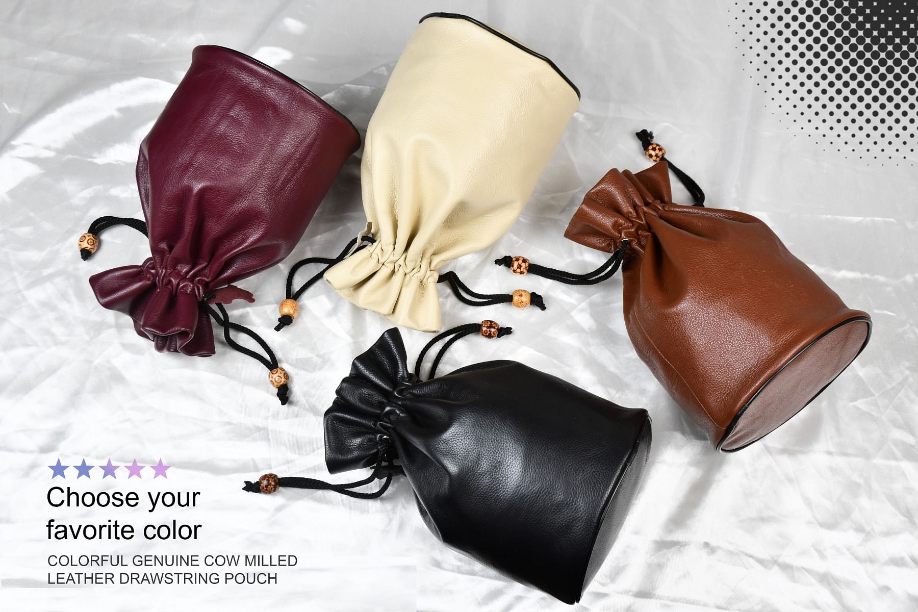 Genuine Cow Milled Leather Drawstring Storage Pouch for 4