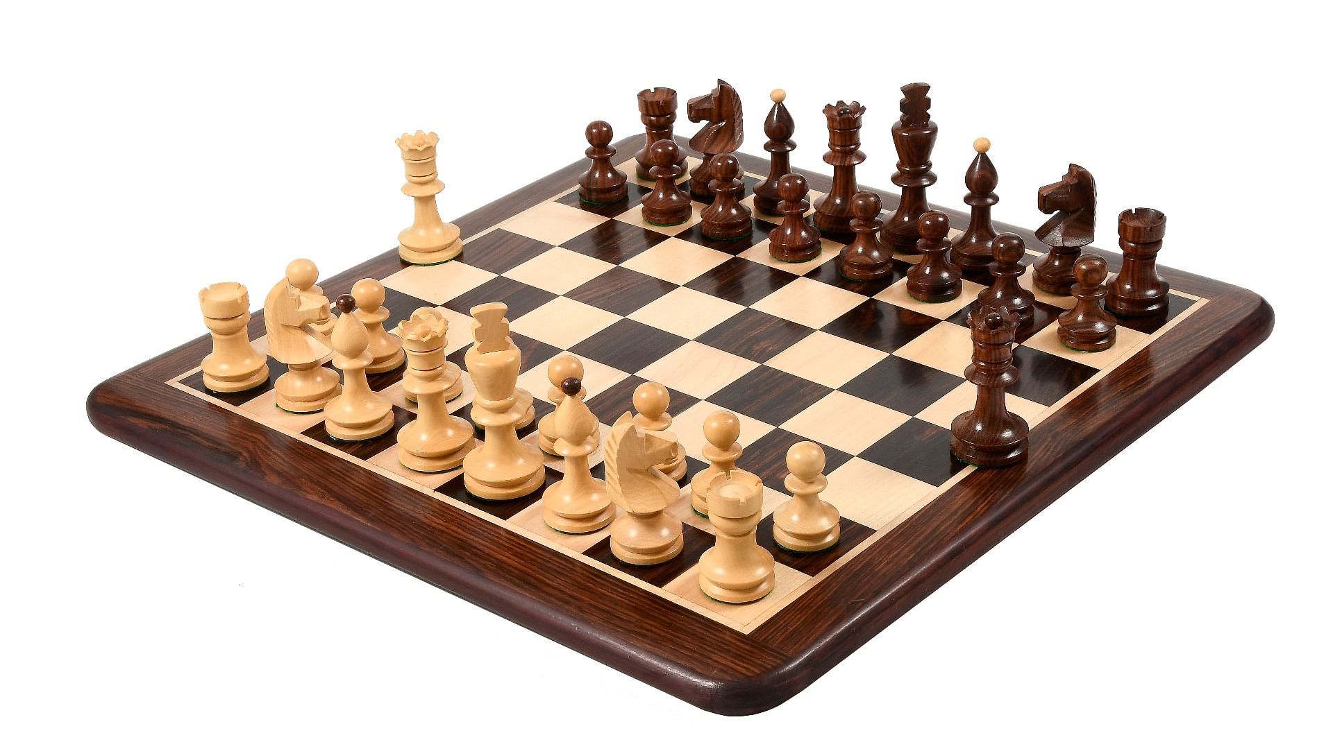 Combo of Reproduced Romanian-Hungarian National Tournament Weighted Chess Pieces in Indian Rosewood & Natural Boxwood - 3.8