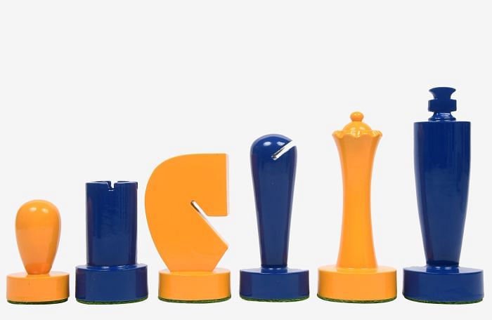 Berliner Series Modern Minimalist Chess Pieces in Blue and Yellow Painted Box Wood - 3.7" King