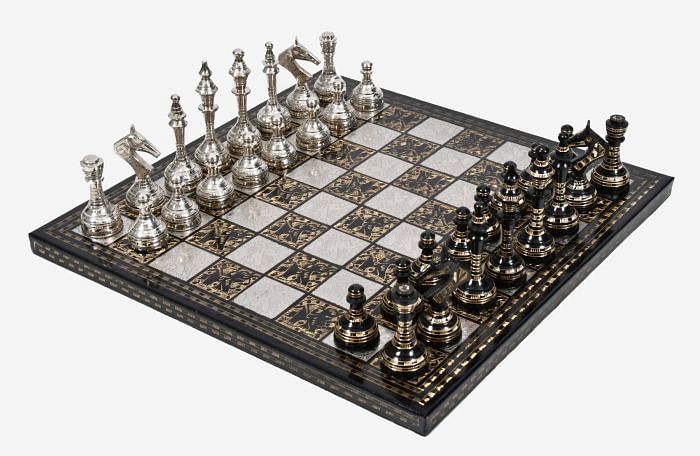 Brass Metal Luxury Chess Pieces with Board Combo in Shiny Silver and Black Color