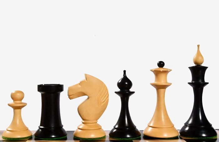 The 1950s Soviet (Russian) Latvian Reproduced Chess Pieces in Ebonized Boxwood & Natural Boxwood - 4.1" King