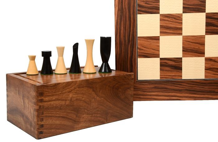 Minimalist Midnight Contemporary Chess Pieces in Ebonized / Boxwood - 3.34" King with Board & Box