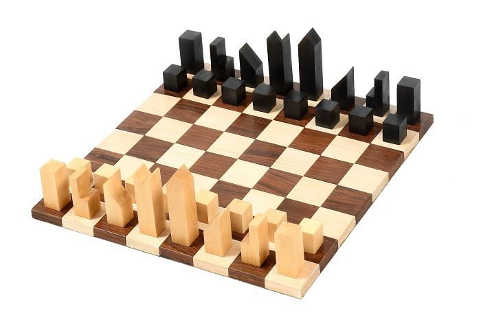 Repro Minimalist Chess Pieces in Ebonized Boxwood - 2.79" King with Wooden Chess Board