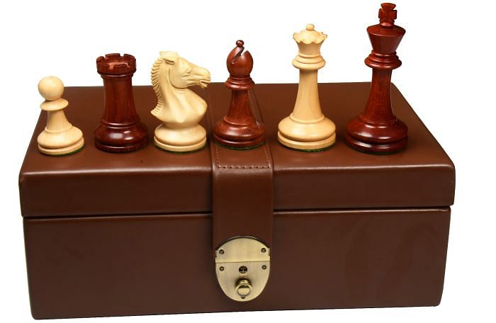 Combo of The GM Blitz Edition Staunton Series Chess Pieces in Bud Rosewood & Box Wood - 3.75" King with Storage Box