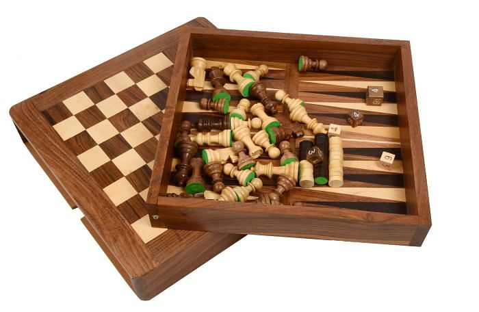 Slightly Imperfect Travel Series Magnetic Chess Set – Sheesham & Boxwood with Board, Dice & Stones