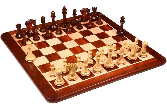Combo of The Pegasus Series Artisan Staunton Chess Pieces ver 2.0 in Padauk Wood / Boxwood - 4.6" King with Solid Wooden Chess Board - 23"