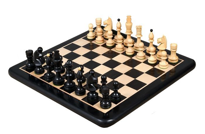 Repro Romanian-Hungarian National Tournament Pieces in Ebonized/Boxwood with Board - 3.8" King 