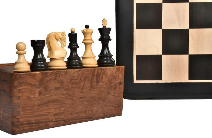 Old 1959 Russian Zagreb Chess Pieces in Finish Ebonized / Boxwood - 3.8" King with Box & Board 