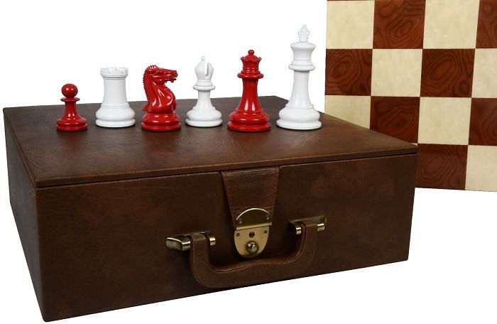 Combo of Repro 1849 Wooden Painted Chess Set in Lacquer with Chess Board & Box-4.5" King