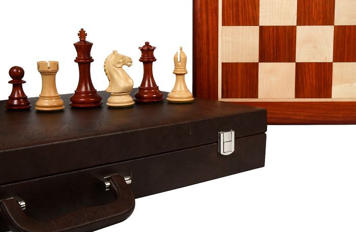 Combo of Fierce Knight Chess Pieces in Bud Rosewood/Box Wood - 4.0" King with Leatherette Box & Chess Board
