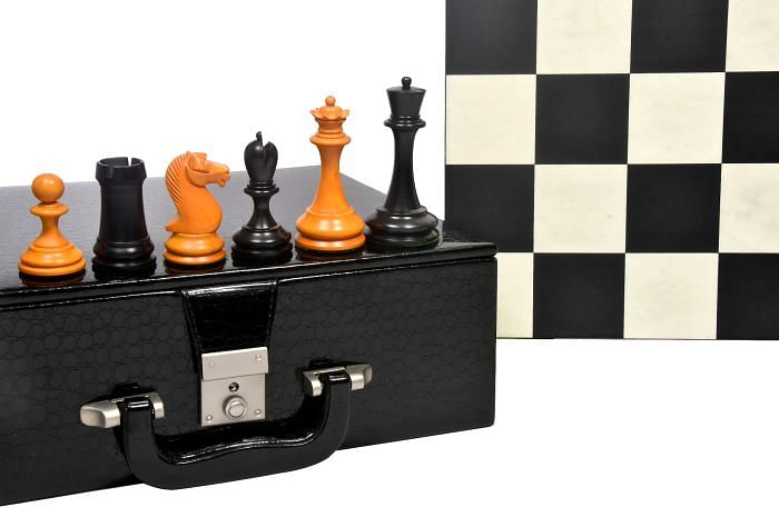 Repro B & Co 1860s Chess Pieces in Ebony/Antiqued Boxwood - 4" King with Board & Box