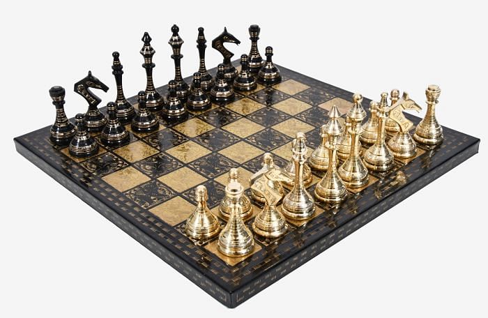 Brass Metal Luxury Chess Pieces & Board Combo Set in Shiny Gold and Black Color