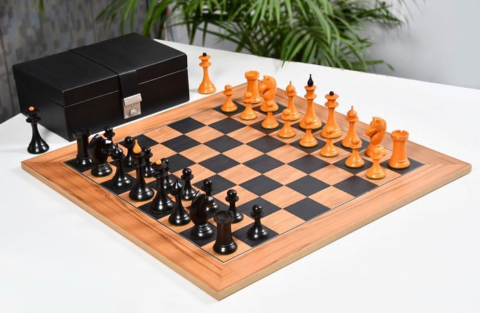 Combo The 1950s Soviet (Russian) Latvian Reproduced Chess Pieces in Ebonized Boxwood / Antiqued Boxwood - 4.1" King with Chess Board & Box
