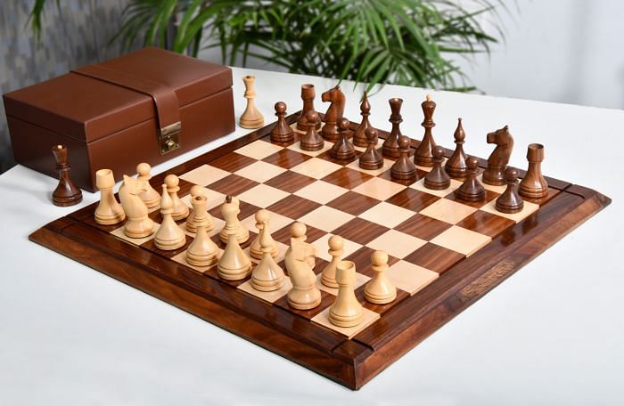Combo Reproduced 1961 Soviet Championship Baku Chess Pieces in Sheesham / Box wood - 4" King with Board & Box