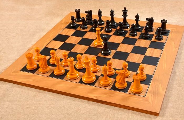 Combo of Reproduced Antique 1900 Marshall Staunton Pattern Chess Pieces in Ebony / Antiqued Box Wood 3.75" King with King Side Stamping & Deluxe Black Dyed Poplar/Olive with Matte Finish Chess Board - 55mm