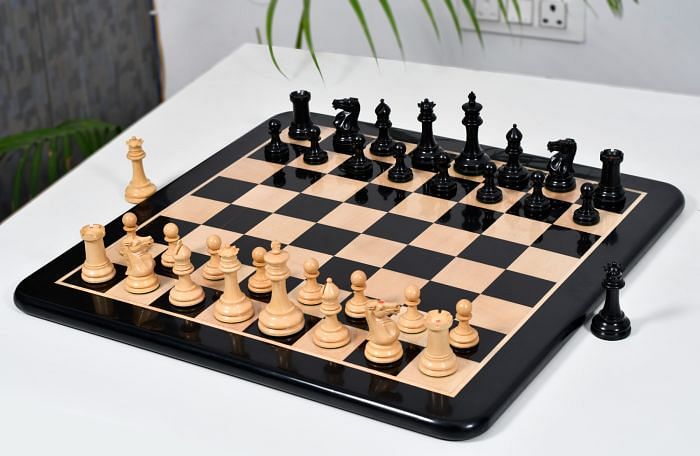 3.75" Antiqued 1865-70 Steinitz Pattern Chess Set - Ebony Wood - King Side Stamping + Ebony Chess Board + Coffer Chess Storage Box