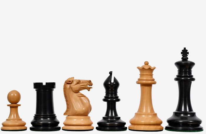 Reproduced Antique 1865-70 Steinitz Staunton Pattern Chess Pieces in Ebony / Box Wood with King Side Stamping - 3.75" King