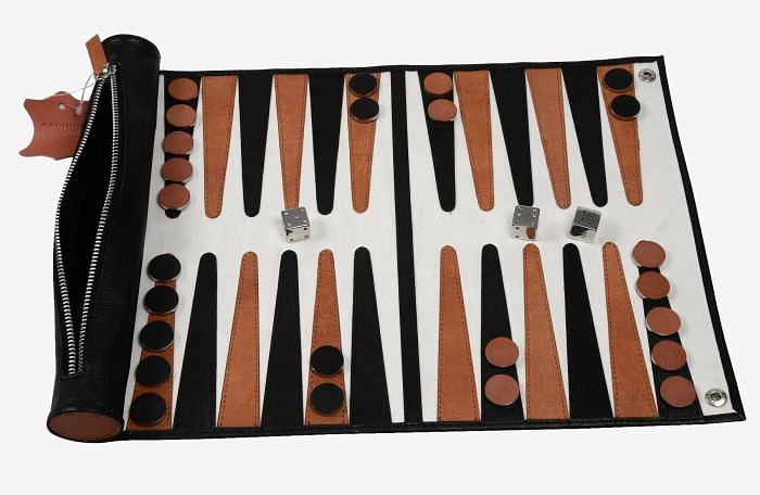 Genuine Leather Roll-up Backgammon Set in Black & Brown Color