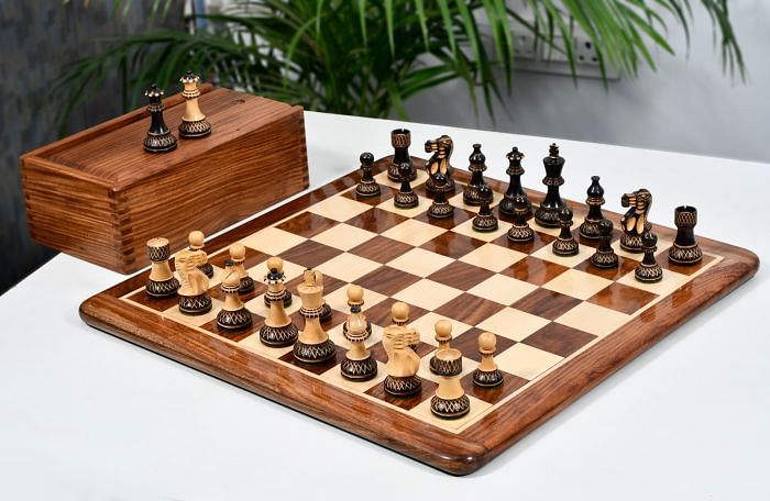 The Burnt Blazed Handcarved Chess Pieces in Burnt Boxwood - 3.8" King with Board & Box