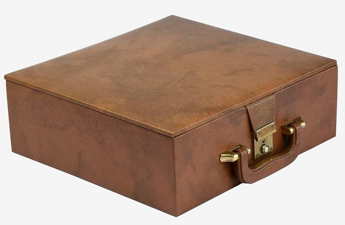 Brown Leatherette Chess Set Storage Box Coffer with Double Tray Fixed Slots for 3.75" - 4.1" Pieces