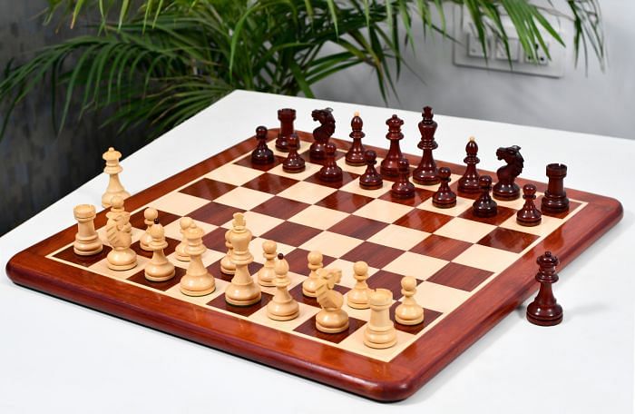 Combo Of Special Edition Reproduced Vintage 1950's Circa Bohemia Staunton Series German Chess Pieces in Bud Rosewood and Boxwood - 3.89" King with Chessboard