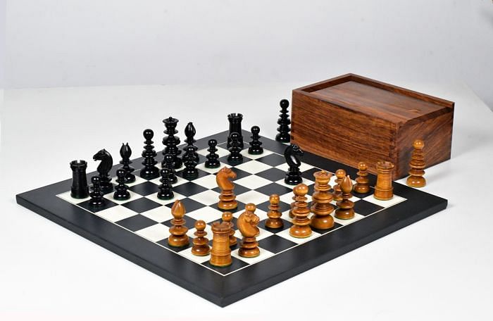 Circa 1840 Pre-Staunton Calvert Library Size Chess Set - 3.3" King in Genuine Ebony & Antiqued Boxwood with Board & Storage Box
