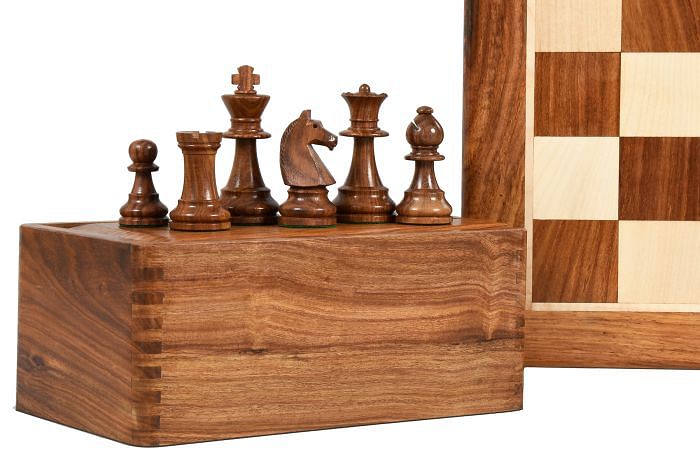 Repro 90s French Chavet Championship Tournament Chess Pieces V2.0 in Sheesham/Boxwood - 3.6" King with Board & Box