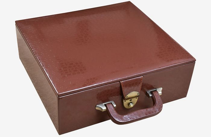 Brown Leatherette Chess Set Coffer Storage Box with Hi-Gloss Crocodile Pattern Finish for 4.2" - 4.7" Pieces