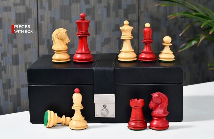 1950 Repro Dubrovnik Bobby Fischer Chessmen V3.0 in Stained Crimson /Boxwood - 3.7" King with Box 