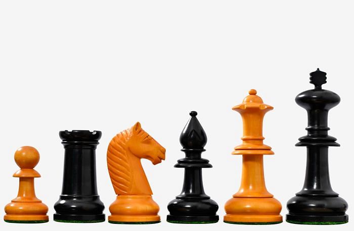 19th Century Antique Austrian Series Chess Pieces in Ebonized Boxwood & Golden Antiqued Boxwood - 4.27" King