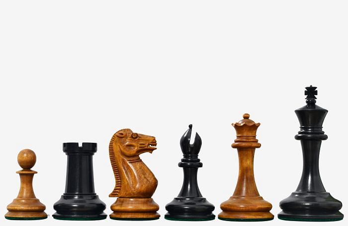 The 1849 Cooke Jaques Staunton Weighted 3.5 inch King Chess Pieces in Ebony wood and Vintage Antique Boxwood