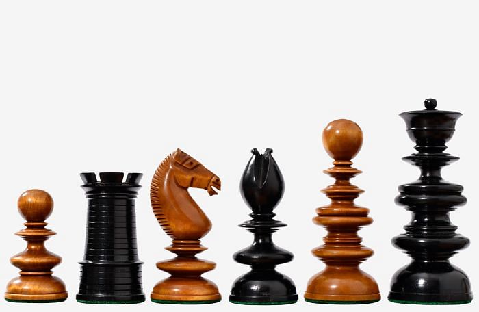 Circa 1840 Pre-Staunton Calvert Library Size 3.3 Inch Chessmen in Genuine Ebony & Antiqued Boxwood
