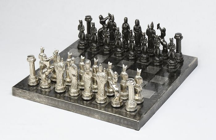 Clearance - Solid Handmade Brass Chess Pieces With Premium Chess Board in Shiny Grey & Silver Color