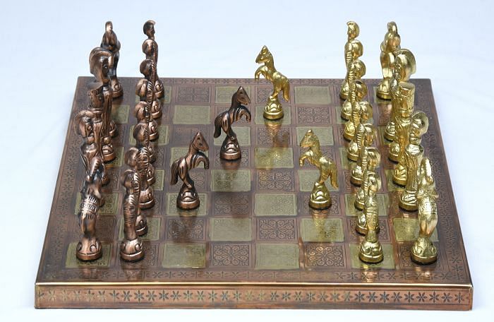 Clearance - Brass Chess Set Handmade Antique Finish Vintage Style Figure Chess Set in Antique Brass & Gold Color