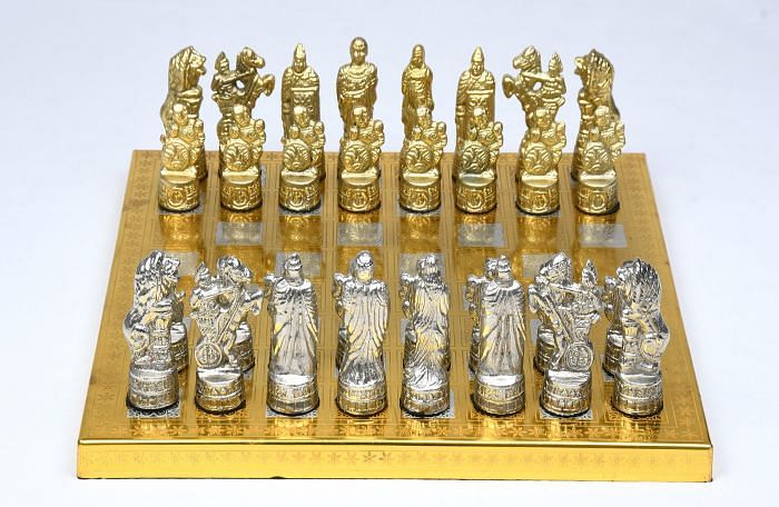 Clearance - Brass Metal Luxury Chess Pieces & Board Combo Set in Shiny Gold and Silver Color