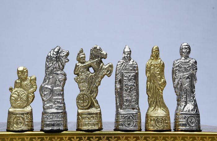 Clearance - Brass Metal Luxury Chess Pieces & Board Combo Set in Shiny Gold and Silver Color