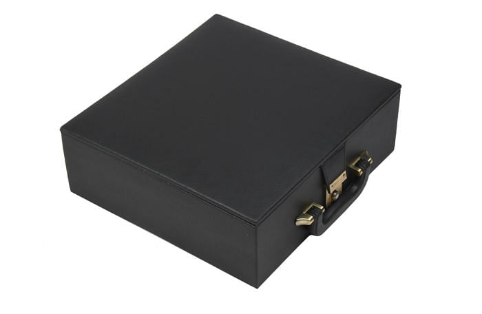 Black Leatherette Chess Set Storage Box Coffer with Double Tray Fixed Slots for 3.75" - 4.1" Pieces