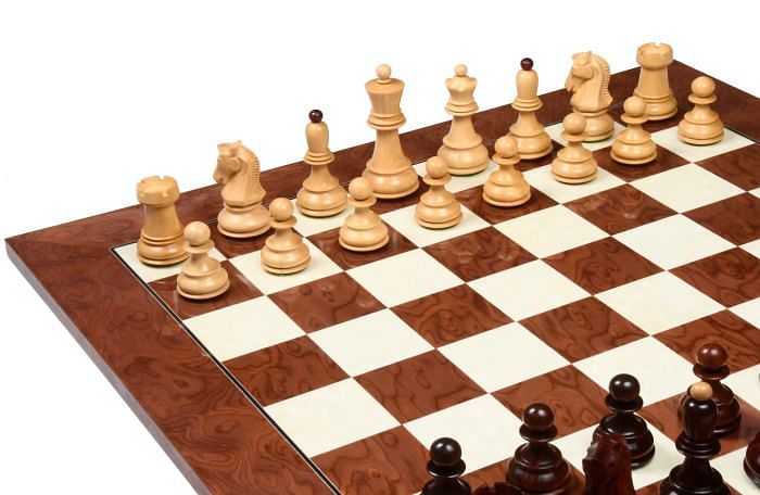 Combo 1950 Reproduced Dubrovnik Bobby Fischer Chessmen Version 3.0 in Bud Rose Wood / Box Wood - 3.75" King with Chess Board