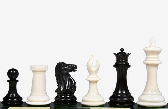 19th Century Staunton Pattern Inspired Camel Bone Chess Set in Black Dyed & Bleached White - 3.6" King