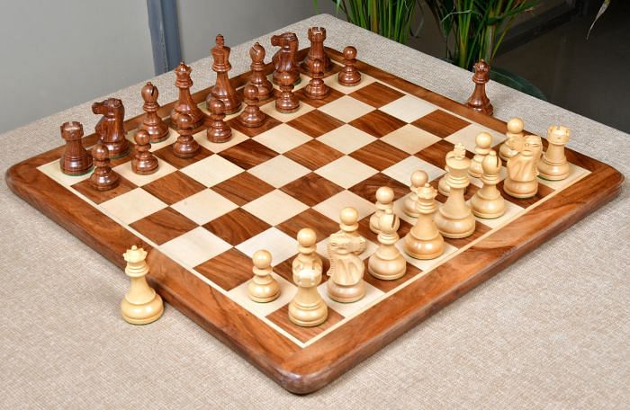 Repro 1972 Reykjavik Championship Chess Pieces in Sheesham/Boxwood - 3.7" King with Board