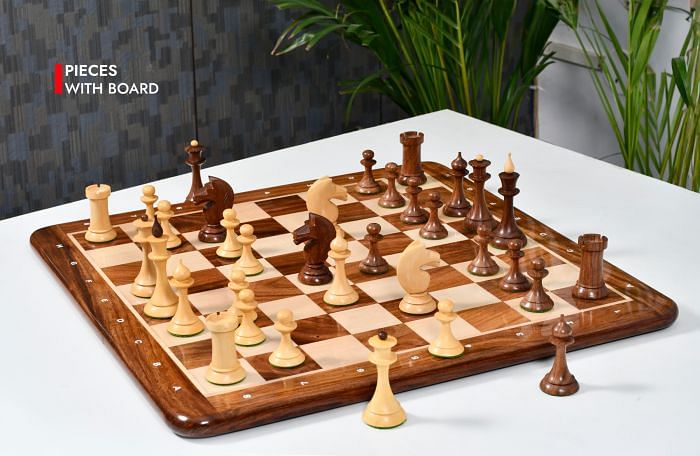 Combo of The 1950s Soviet (Russian) Latvian Reproduced Chess Pieces in Sheesham & Natural Boxwood - 4.1" King with  Wooden Chess Board with Notation 21" 
