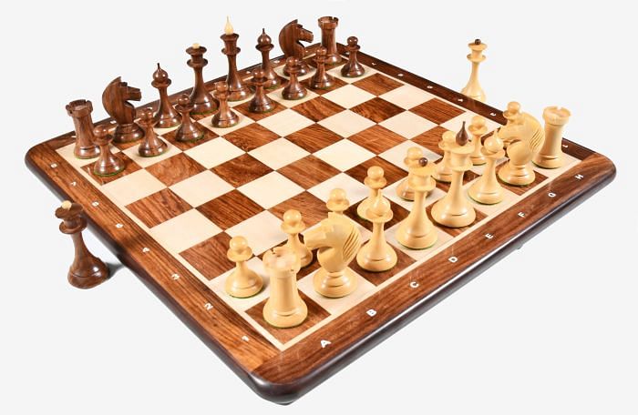 Combo of The 1950s Soviet (Russian) Latvian Reproduced Chess Pieces in Sheesham & Natural Boxwood - 4.1" King with  Wooden Chess Board with Notation 21" 