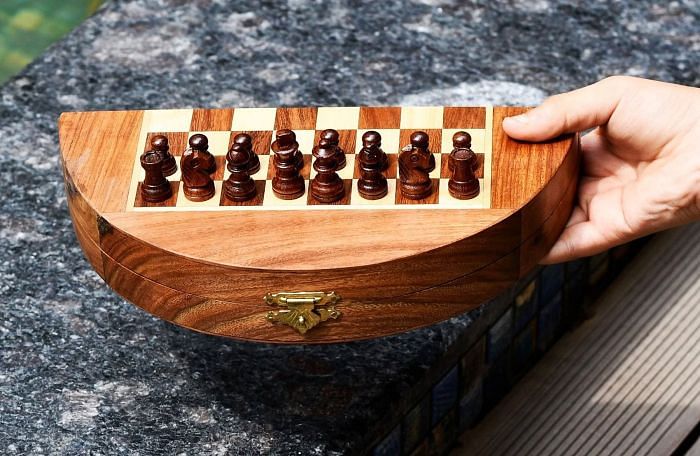 Travel Series Folding Magnetic Round Shape Chess Set In Sheesham wood and Maple-8-3/4"