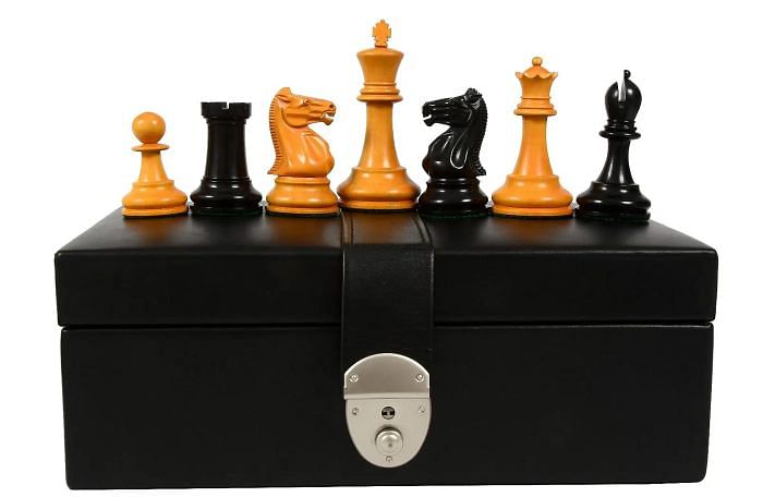 Combo of Reproduced Antique 1900 Marshall Pattern Chess Pieces in Ebony / Antiqued Box Wood with King Side Stamping with Storage Box