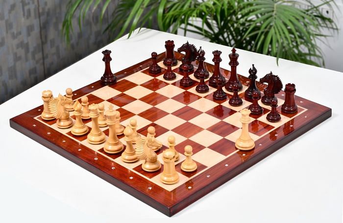 CB Mustang Chess Pieces in Bud Rose/Box Wood - 4.4" King with Notation Chessboard