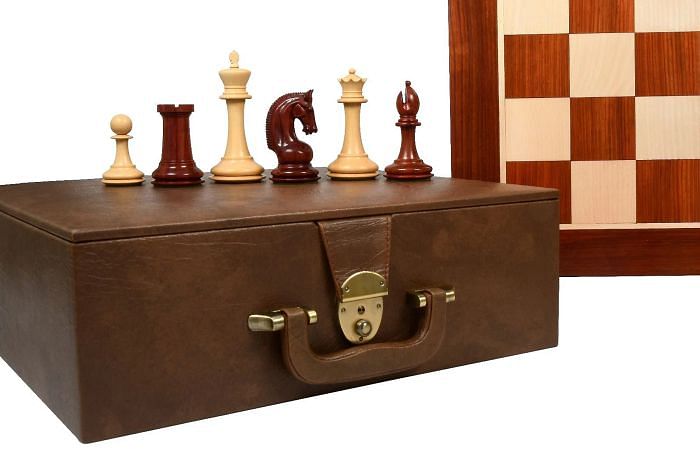 CB Red Rum Luxury Series Chess Pieces with Board in Bud Rosewood / Boxwood - 4.4" King & Box
