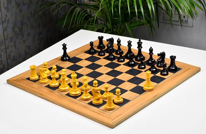 Combo of Reproduced Antique 1900 Marshall Staunton Pattern Chess Pieces in Ebony / Antiqued Box Wood 3.75" King with King Side Stamping & Deluxe Black Dyed with Matte Finish Chess Board - 55mm
