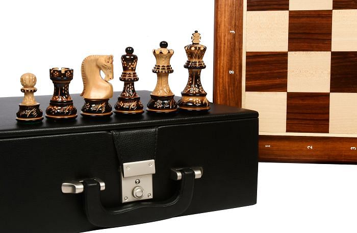 1959 Reproduced Russian Zagreb Series Chess Pieces in Burnt Boxwood - 3.89" King  with Box & Board
